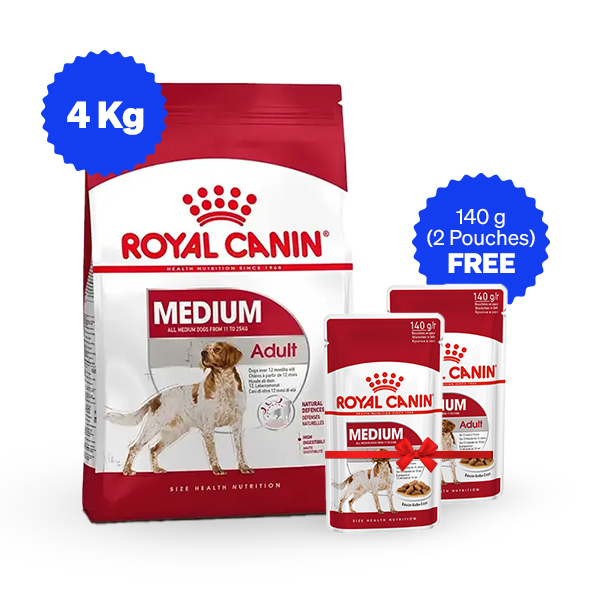 Royal Canin Medium Adult Dry Dog Food (4 Kg + Free Wet Food)