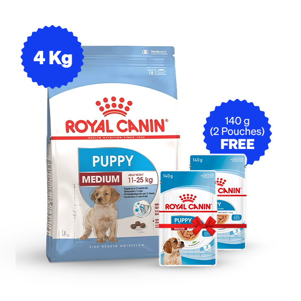 Royal Canin Medium Puppy Dry Dog Food (4 Kg + Free Wet Food)