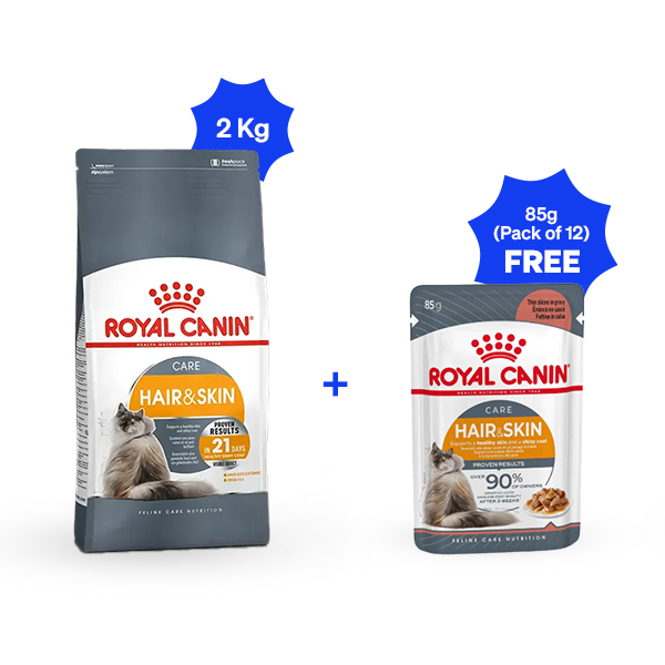 Royal Canin Hair and Skin Dry Cat Food (2 Kg + Pack of 12)