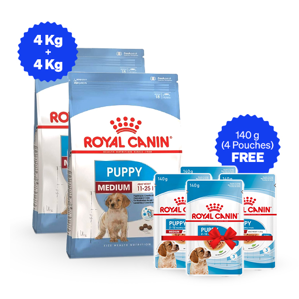 Royal Canin Medium Puppy Dry Dog Food - 4 Kg + 4 Kg + Free Wet Food