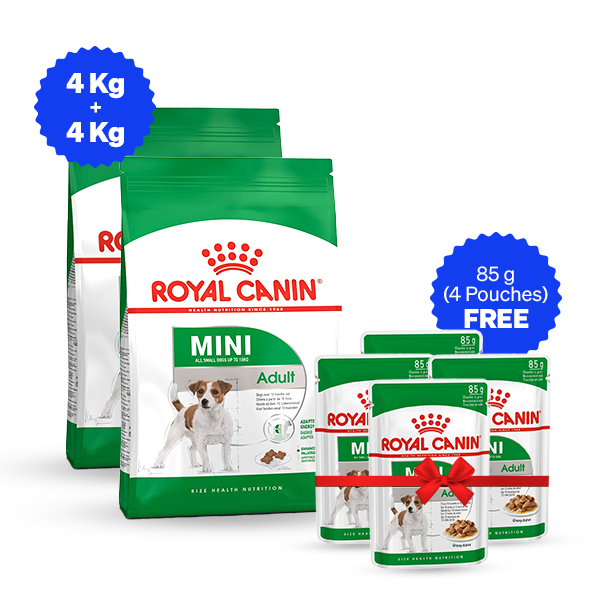 Royal Canin Mini Adult Dry Dog Food - 4 Kg + 4 Kg + Free Wet Food