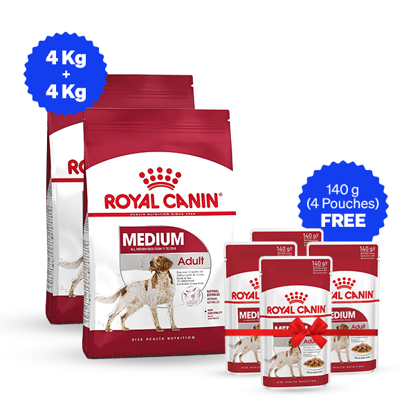 Royal Canin Medium Adult Dry Dog Food - 4 Kg + 4 Kg + Free Wet Food