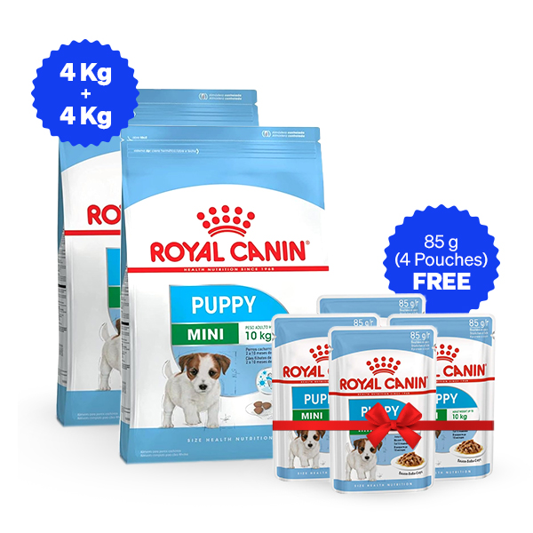 Royal Canin Mini Puppy Dry Dog Food - 4 Kg + 4 Kg + Free Wet Food