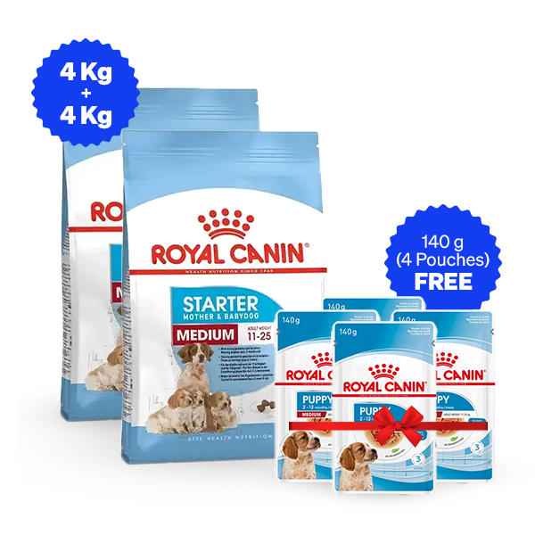 Royal Canin Medium Starter Dry Dog Food - 4 Kg + 4 Kg + Free Wet Food
