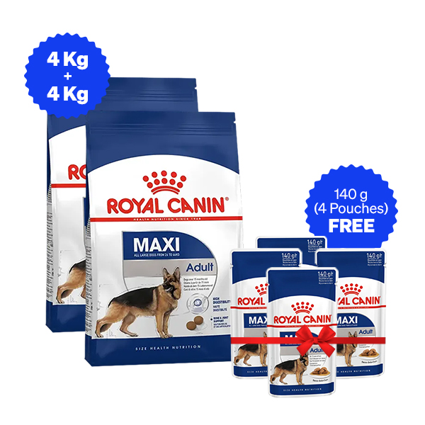 Royal Canin Maxi Adult Dry Dog Food - 4 Kg + 4 Kg + Free Wet Food