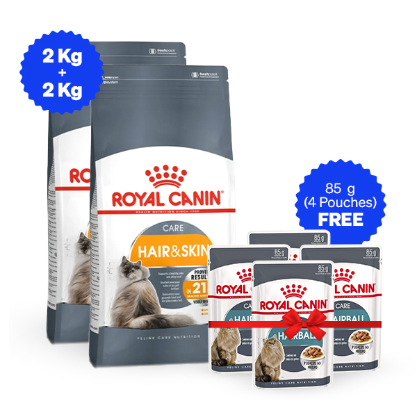 Royal Canin Hair & Skin Dry Cat Food - 2 Kg + 2 Kg + Free Wet Food
