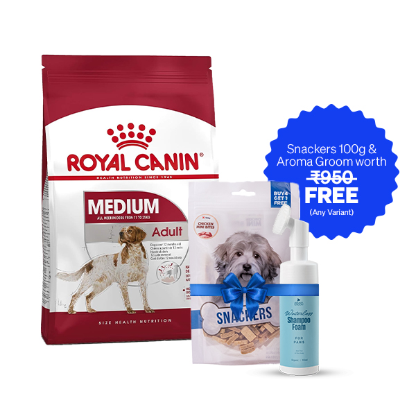 Royal Canin Medium Adult Dry Dog Food (15 Kg + Free Aroma Groom Shampoo + Free Snackers 100 g)