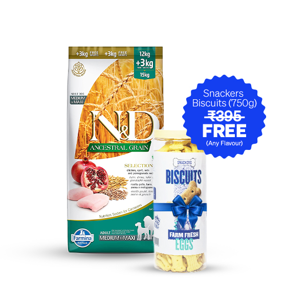 Farmina N&D Ancestral Grain Selection Adult Medium & Maxi (Chicken and Pomegranate) - (15 Kg + Free Snackers Biscuit 750 g)